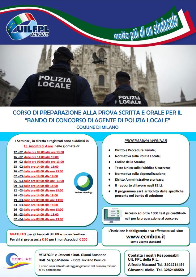 CORSO DI PREPARAZIONE ALLA PROVA SCRITTA E ORALE PER IL “BANDO DI CONCORSO DI AGENTE DI POLIZIA LOCALE” COMUNE DI MILANO