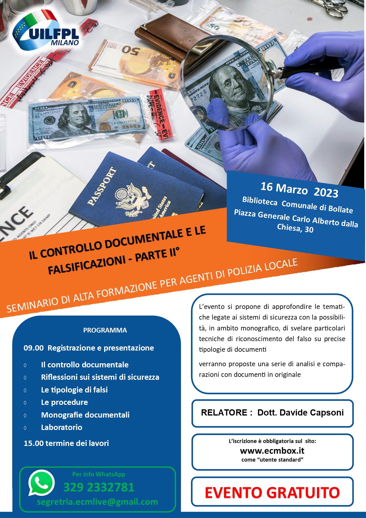 IL CONTROLLO DOCUMENTALE E LE  FALSIFICAZIONI – PARTE II°: SEMINARIO DI ALTA FORMAZIONE PER AGENTI DI POLIZIA LOCALE – MARZO