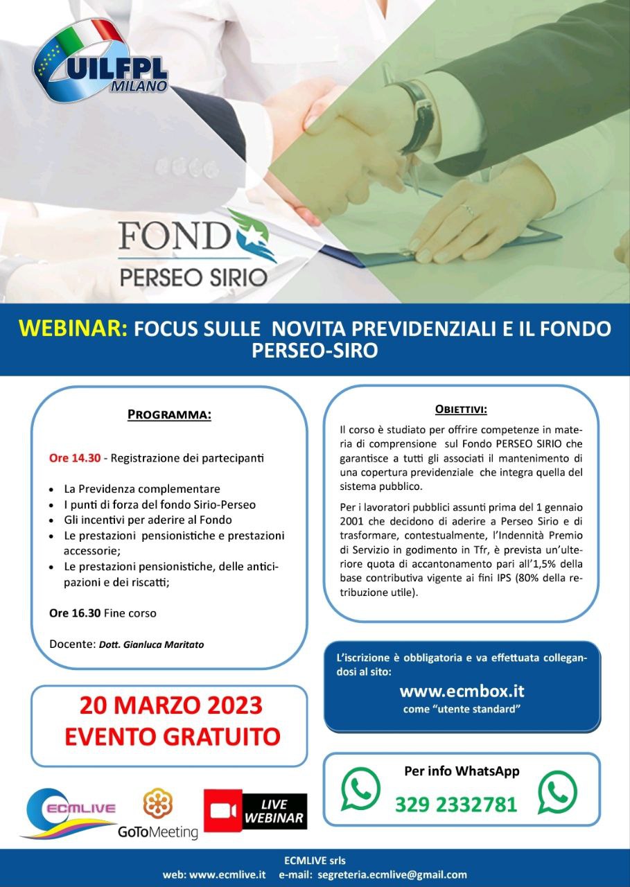 WEBINAR: FOCUS SULLE NOVITA PREVIDENZIALI E IL FONDO PERSEO-SIRO