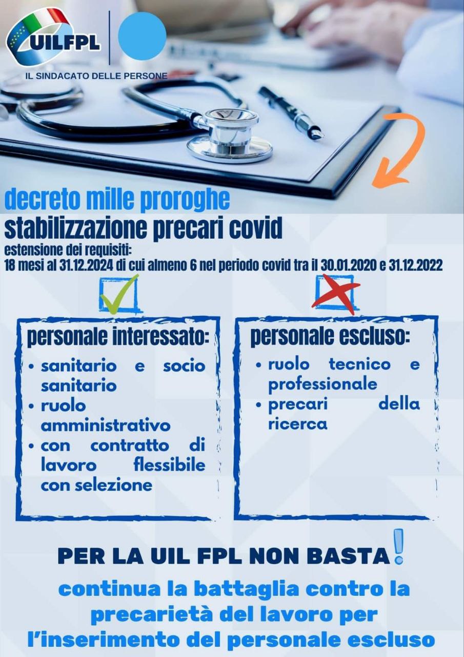 Sanità. Proietti (Uil-Fpl): Grave esclusione lavoratori ruolo tecnico e professionale e i precari della ricerca dall’estensione del periodo utile alla stabilizzazione del personale precario Covid.