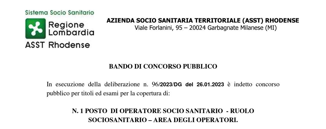 ASST-RHODENSE – CONCORSO PUBBLICO N. 1 POSTO DI OPERATORE SOCIO SANITARIO