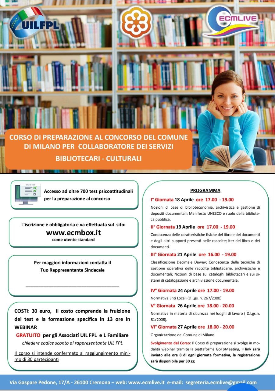 CORSO DI PREPARAZIONE AL CONCORSO DEL COMUNE DI MILANO PER COLLABORATORE DEI SERVIZI BIBLIOTECARI – CULTURALI