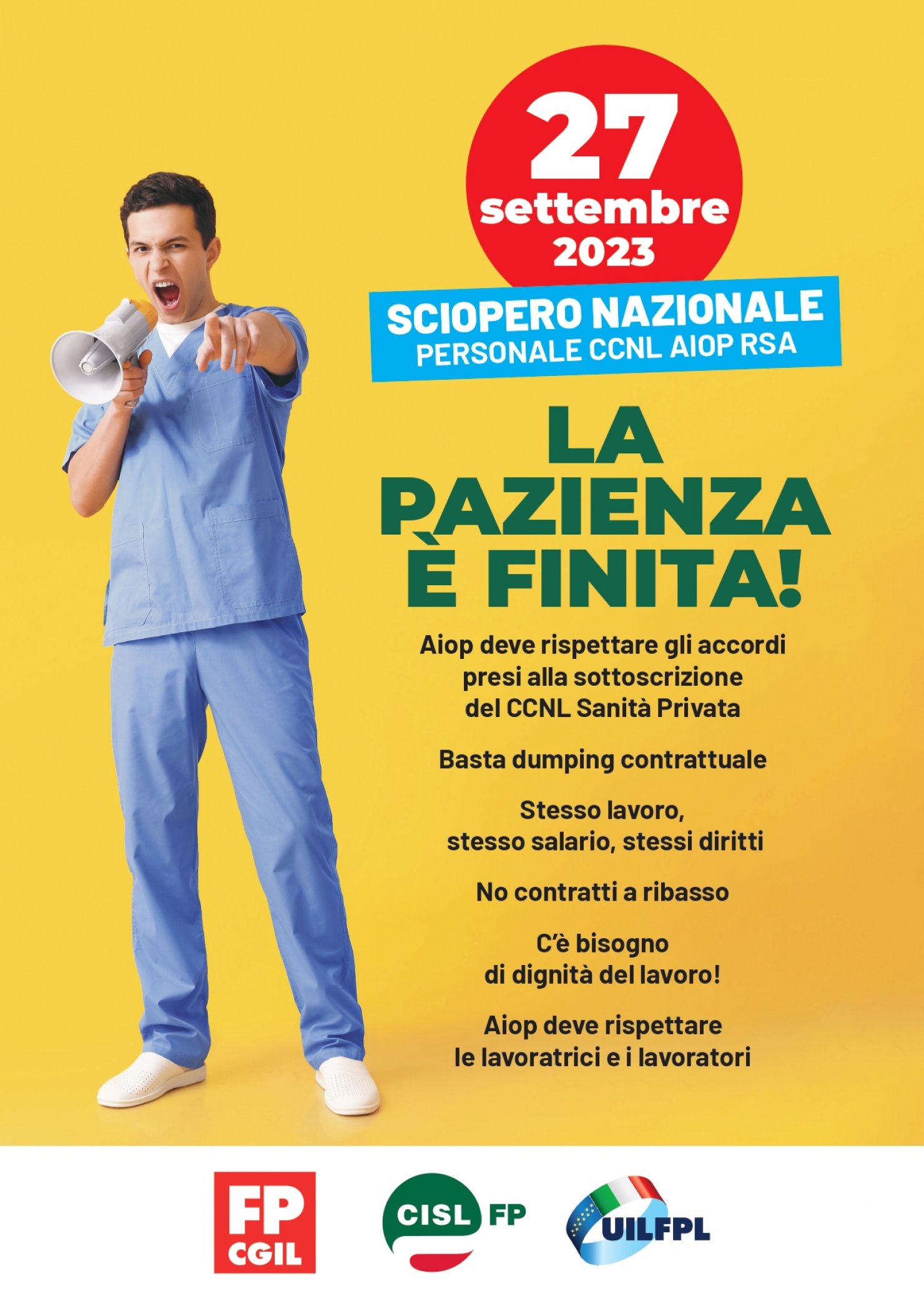 CONFERMATO LO SCIOPERO NAZIONALE DEL 27 SETTEMBRE 2023 PER I DIPENDENTI CON CCNL AIOP RSA