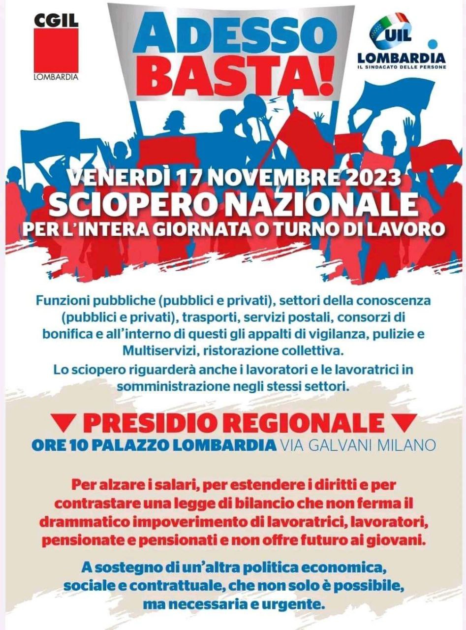 ADESSO BASTA! SCIOPERO NAZIONALE DEL 17 NOVEMBRE. PRESIDIO REGIONALE PALAZZO LOMBARDIA DALLE ORE 10,00.