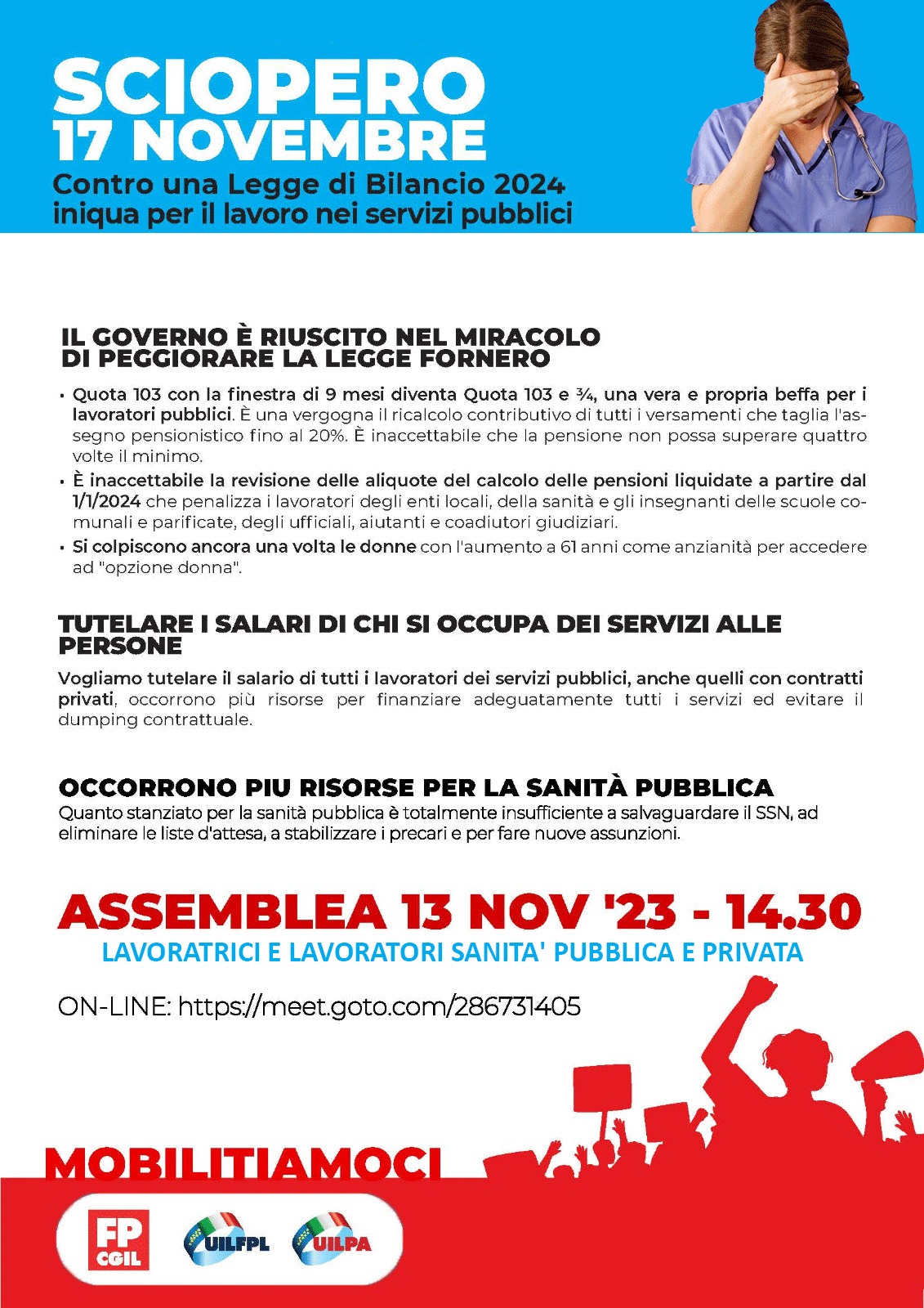ASSEMBLEA 13 Novembre 2023 delle Lavoratrici e dei Lavoratori della Sanità Pubblica e Privata