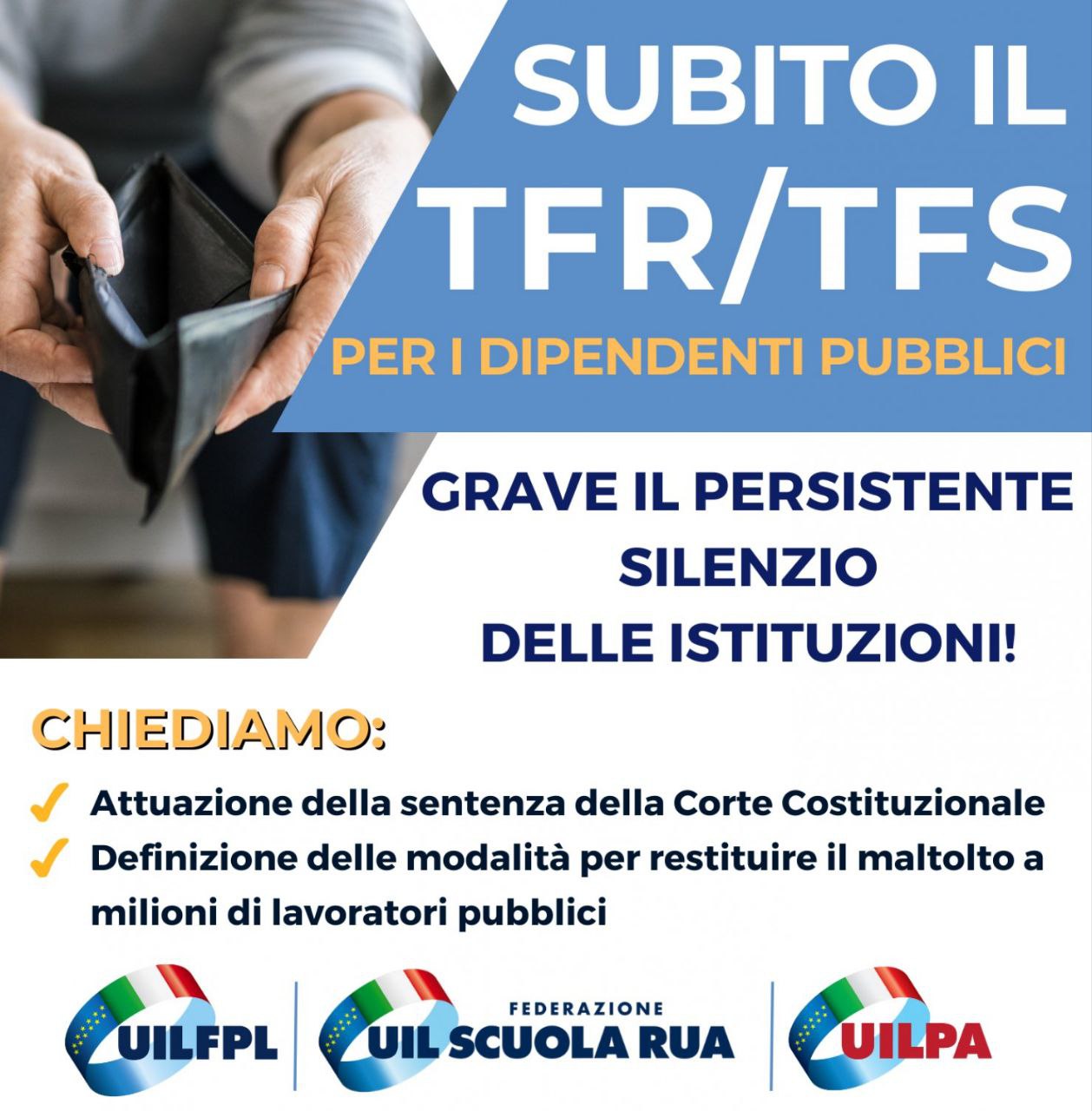 🔵 TFR/TFS. PROIETTI/D’APRILE/COLOMBI (UIL): “MOLTO GRAVE LA MANCATA ATTUAZIONE DELLA SENTENZA DELLA CORTE COSTITUZIONALE”