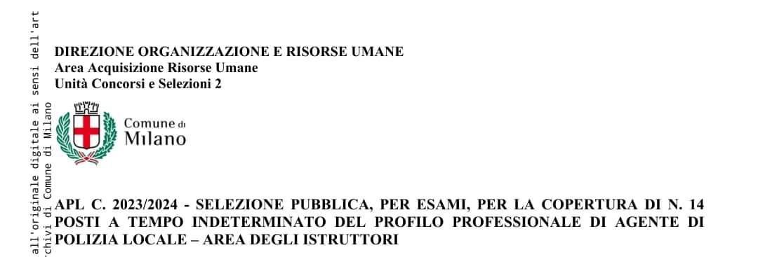 🔵CONCORSO, PER ESAMI, PER LA COPERTURA DI N. 14 POSTI A TEMPO INDETERMINATO DEL PROFILO PROFESSIONALE DI AGENTE DI POLIZIA LOCALE – AREA DEGLI ISTRUTTORI.