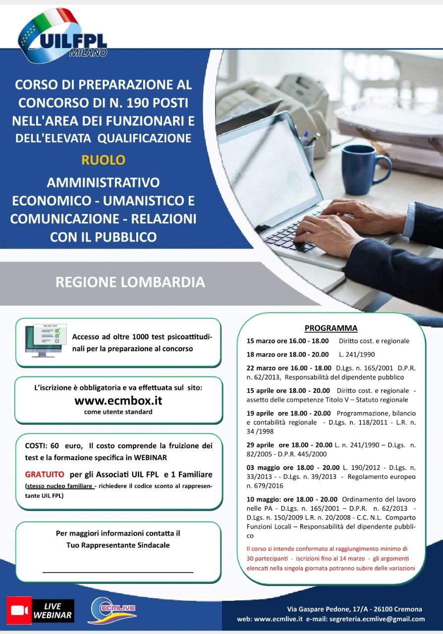 🔵 CORSO DI PREPARAZIONE AL CONCORSO DI N. 190 POSTI NELL’AREA DEI FUNZIONARI E DELL’ELEVATA QUALIFICAZIONE RUOLO AMMINISTRATIVO, ECONOMICO – UMANISTICO E COMUNICAZIONE – RELAZIONI CON IL PUBBLICO
