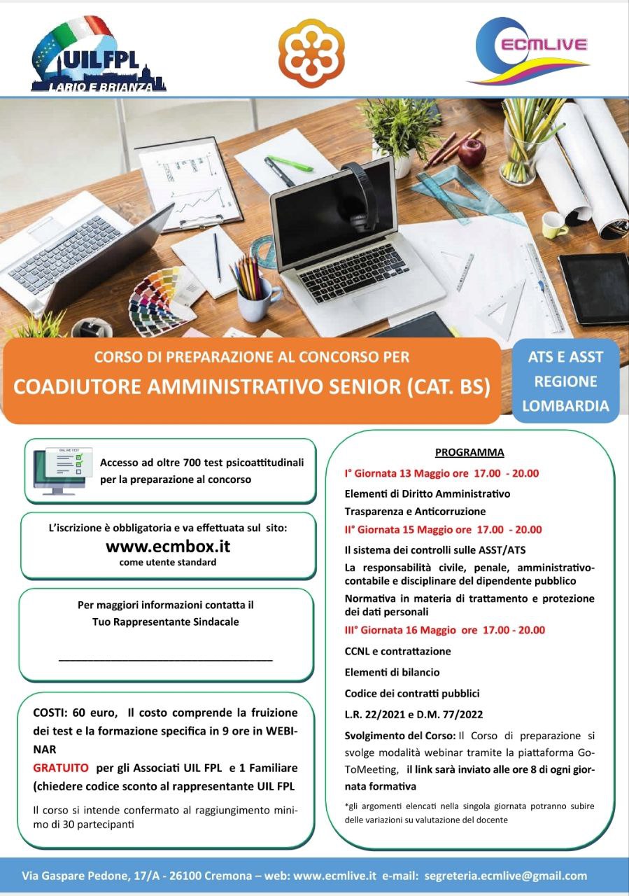 🔵 CORSO DI PREPARAZIONE AL CONCORSO PER COADIUTORE AMMINISTRATIVO SENIOR (CAT. BS)